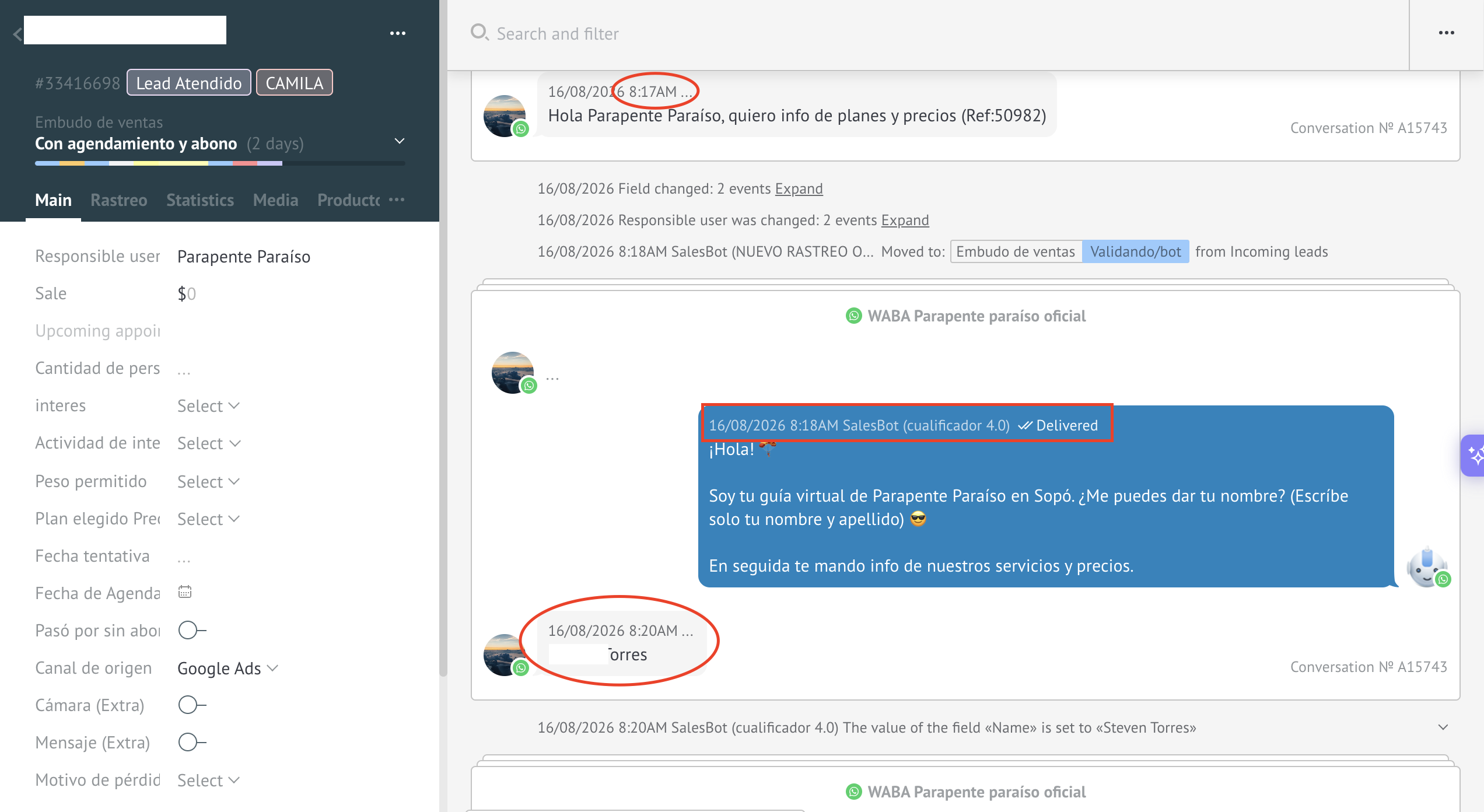  Flujo del bot de calificación de leads configurado en Kommo